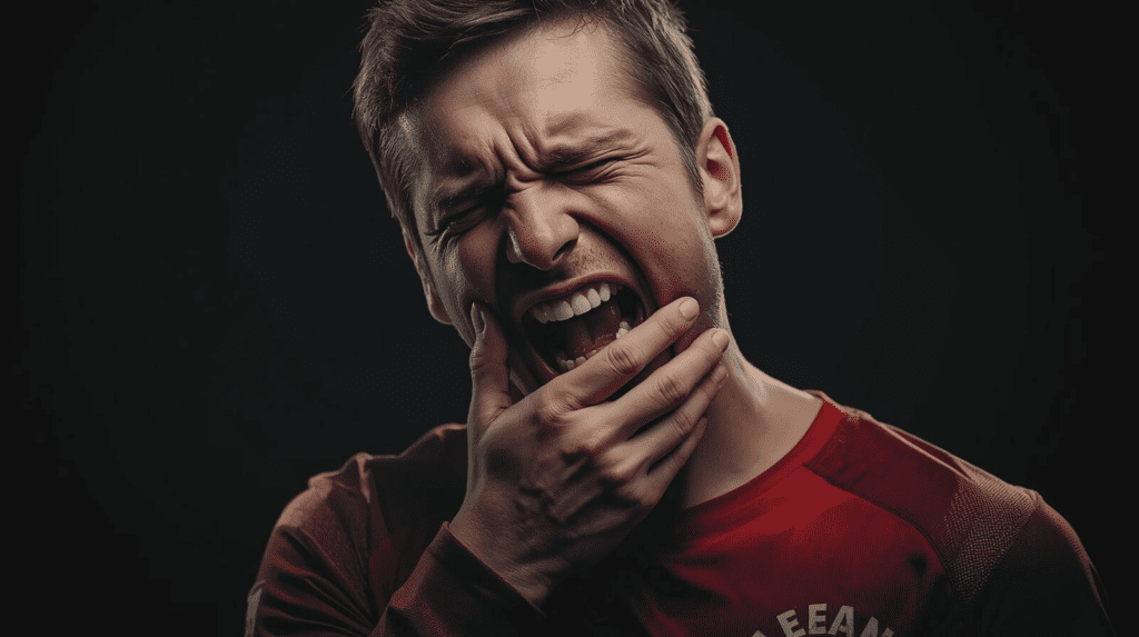 Piłkarz trzymający policzek z bólem zęba po urazie na boisku – pierwsza pomoc i kiedy do dentysty, Łódź