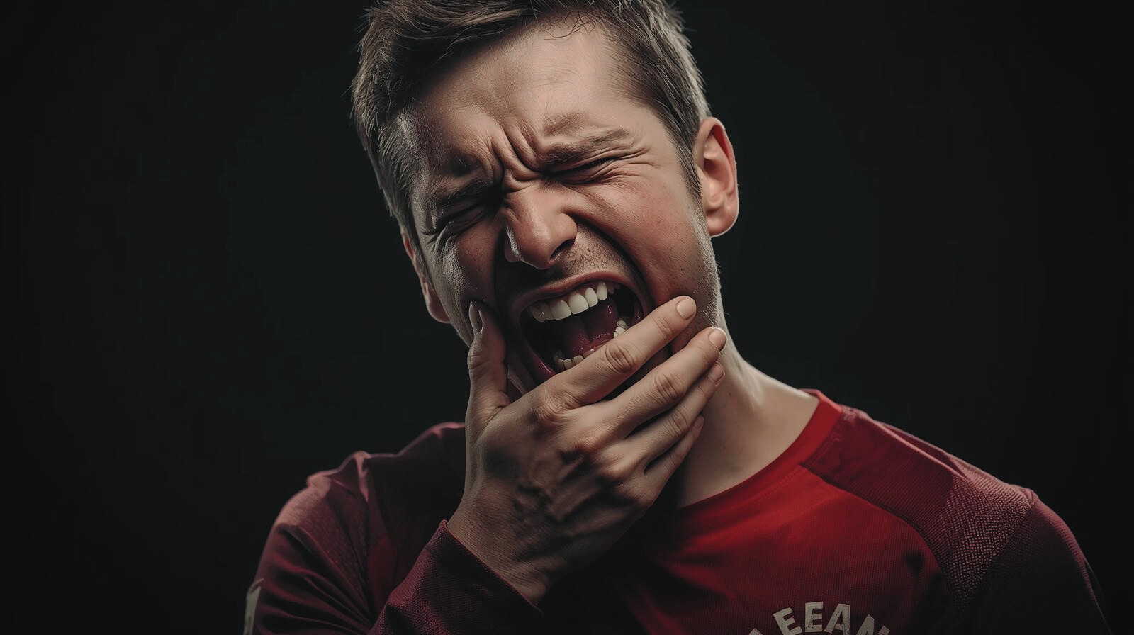 Piłkarz trzymający policzek z bólem zęba po urazie na boisku – pierwsza pomoc i kiedy do dentysty, Łódź